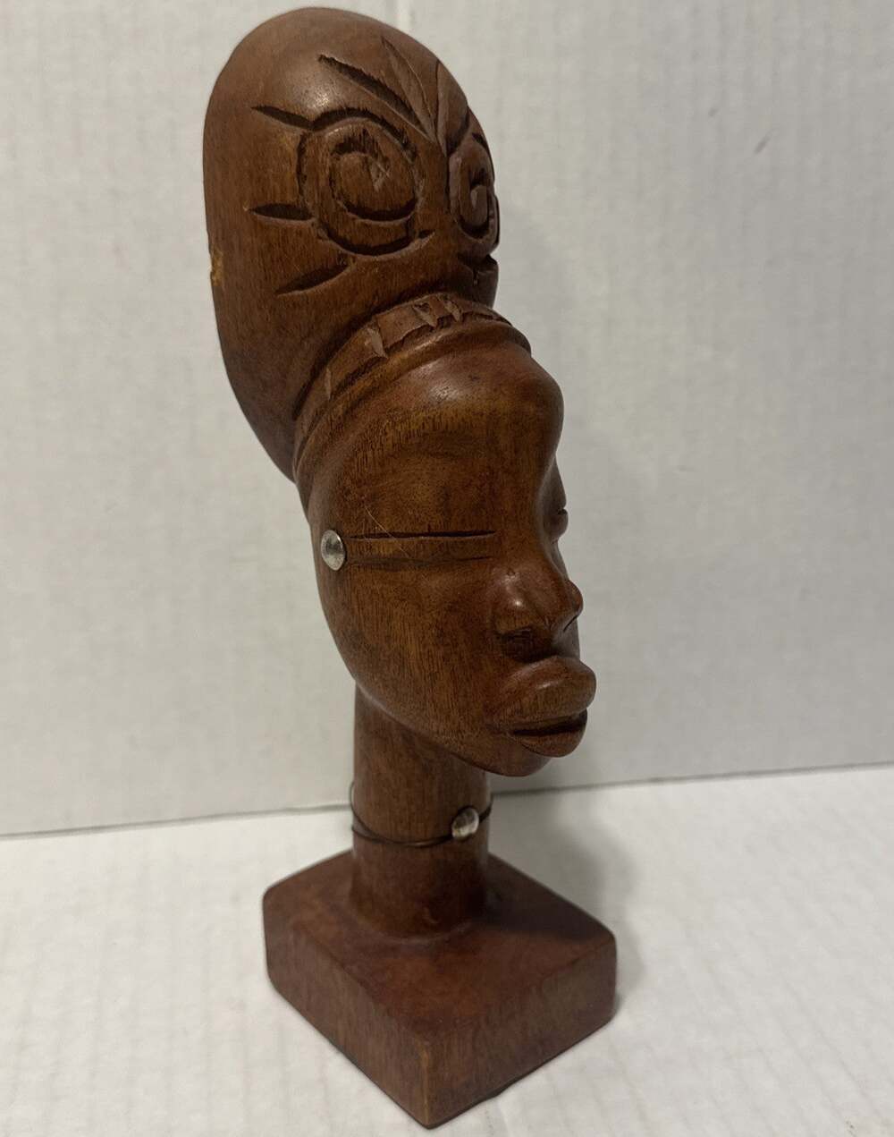 Vintage African Sculpture Wood Folk Art Wood Carved Female Bust 8 3/4”